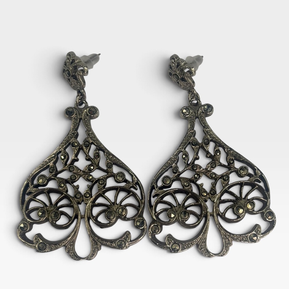 Vintage Style Filigree Chandelier Drop Earrings Marcasite Silver Tone Statement